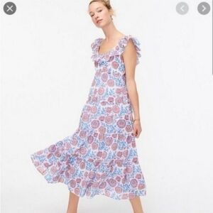 J. Crew Tiered Ruffle neck Midi Dress in Vine Block Print Size Small